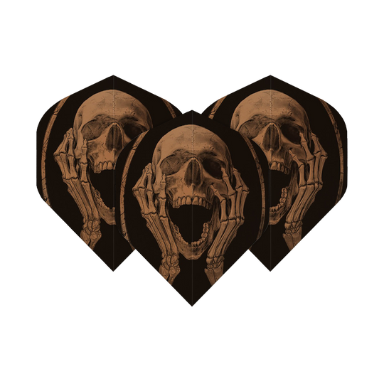 ALC19_Alchemy_The_Scream_Standard_Flights_1nhXWnf9KY1GpV Auf dem Bild sind drei Dart-Flights mit einem Schädel-Design zu sehen. Die Skeletthände halten den Schädel, der den Mund weit geöffnet hat, als würde er schreien.