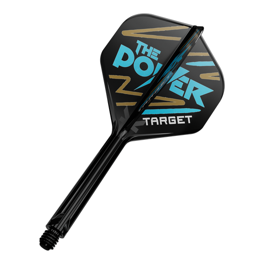 Auf dem Bild ist ein Dartpfeil mit schwarzer Flight zu sehen. Auf der Flight steht in blauer und weißer Schrift "The Power" und "Target" mit goldenen Zierstreifen.