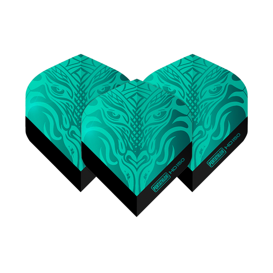 Pentathlon HD150 Metallic Aqua Standard Flights Das Bild zeigt drei Dart-Flights des Produkts "Pentathlon HD150 Metallic Aqua Standard Flights". Sie sind in einer metallic-aqua Farbe mit einem auffälligen Muster gestaltet.