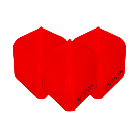 Robson Plus No6 Flights Das Bild zeigt drei rote Dart-Flights mit der Aufschrift "ROBSON". Sie sind in einer Reihe angeordnet und haben eine moderne, glänzende Oberfläche.