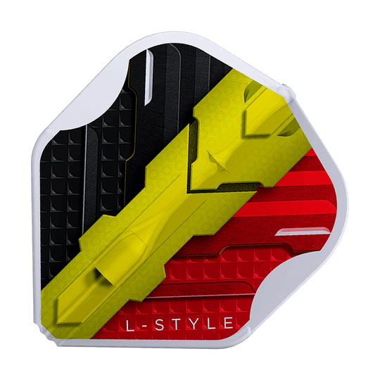 Dies ist ein Dartflight mit den Farben Schwarz, Gelb und Rot im Design der belgischen Flagge. Am unteren Rand steht in Weiß der Schriftzug "L-STYLE".