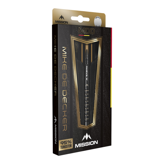 Mission Mike De Decker MDD Black Gold Soft Darts - 20g Die Abbildung zeigt die Verpackung der "Mission Mike De Decker MDD Black Gold Softdarts - 20g". Die elegante Box hebt das Design der Darts sowie den hohen Tungsten-Anteil von 95 % hervor.
