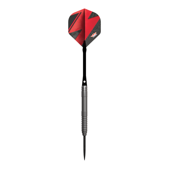 Bulls NL Lightning Red steel darts Das Bild zeigt einen Steeldart-Pfeil mit einem silbernen Griff und einer roten Flights. Der Pfeil trägt das Design und Logo der Marke Bulls NL Lightning Red.