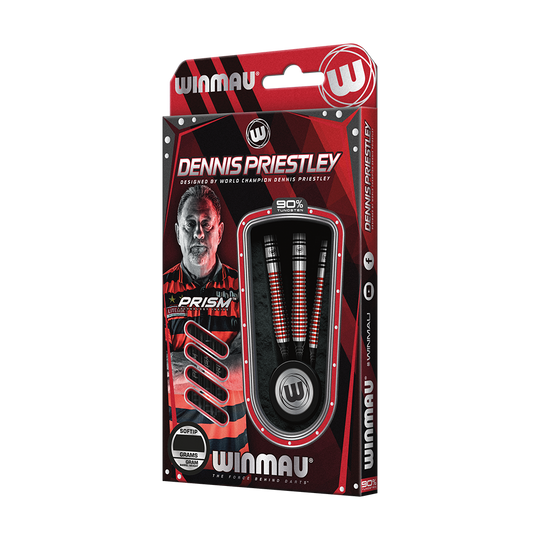 2452_Winmau_Dennis_Priestley_Special_Edition_Softdarts_3 Die Abbildung zeigt die Winmau Dennis Priestley Special Edition Softdarts mit einem Gewicht von 22 Gramm. Die Verpackung ist rot-schwarz gestaltet und enthält drei Darts sowie das Bild eines Spielers.