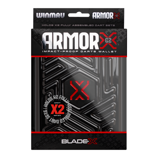 Gezeigt wird das Winmau Blade X Armor G2 Dartwallet. Die Tasche schützt Darts und Zubehör beim Transport und der Aufbewahrung.