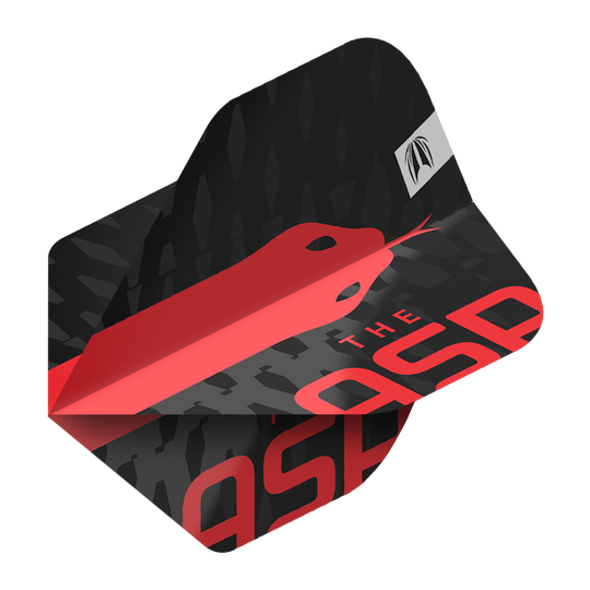 Target Pro Ultra Nathan Aspinall No2 Standard Flights - 3 sets Das Bild zeigt ein Dart-Flight mit einem schwarzen und roten Design sowie der Aufschrift „THE ASP“. Auf dem Flight ist eine stilisierte rote Schlange abgebildet.