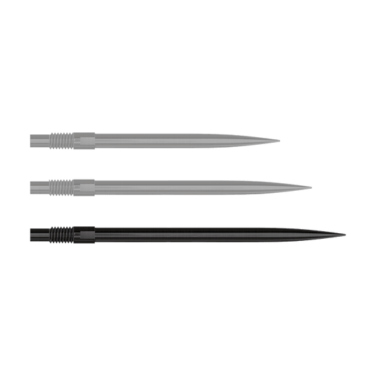 Harrows Quick Point Dart Tips - Black Auf diesem Bild sind 40 mm lange, schwarze Dartspitzen dargestellt. Die Spitzen werden nebeneinander angeordnet gezeigt.