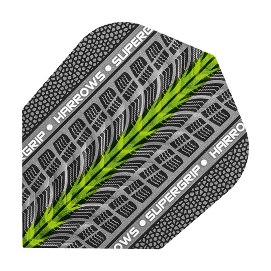 HR73_Harrows_Supergrip_Gr-n_No6_Flights_1 Das Bild zeigt ein Dartflight mit dem Namen "Harrows Supergrip Grün No6 Flights". Das Flight ist überwiegend schwarz-grau mit einem markanten grünen Streifen und dem Schriftzug "HARROWS SUPERGRIP".