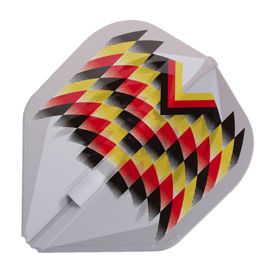 sL1EZ-Gabriel_Clemens_V2_LIMITED-CLW Das Bild zeigt ein Dartflight im weißen Design mit einem auffälligen Muster in Rot, Gelb und Schwarz. Es handelt sich um das „L-Style Gabriel Clemens V2 Clear White Signature Champagne L1EZ Flight“.