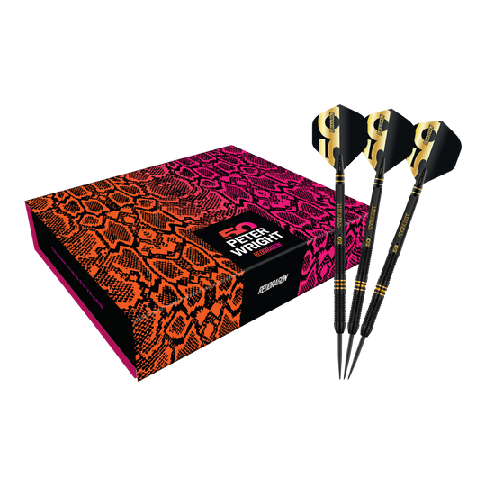 Red Dragon Peter Wright 50 Years Player Limited Edition Steeldarts - 21g Red Dragon Peter Wright 50 Years Player Limited Edition Steeldarts - 21g. Das Bild präsentiert den limitierten Steeldartpfeil als vollständiges Set.