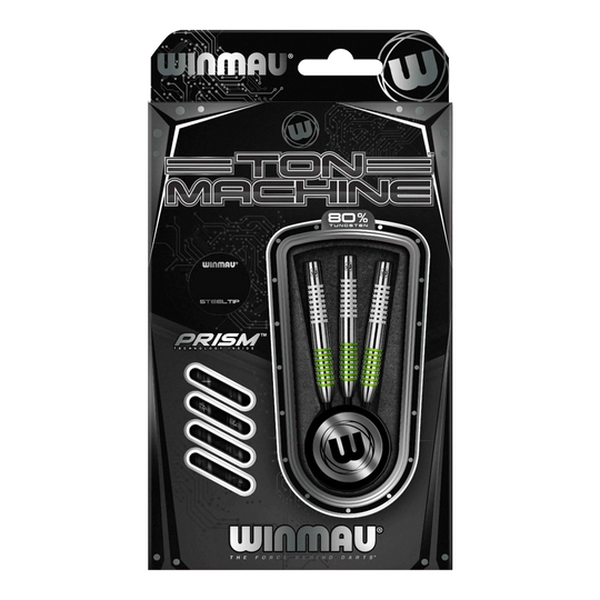 Winmau Ton Machine steel darts Die Abbildung zeigt die Winmau Ton Machine Steeldarts. Es handelt sich um hochwertige Dartpfeile für Steeldartspiele.