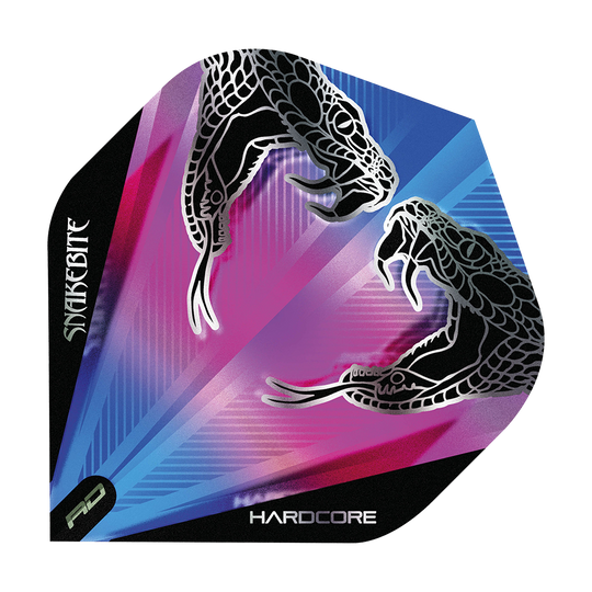 PPF48_Peter_Wright_Snakebite_Hardcore_Snake_Black_Transparent_Flights_1 Das Bild zeigt ein Dart-Flight mit dem Namen "Peter Wright Snakebite Hardcore Snake Black Transparent Flights". Auf dem Flight sind zwei schwarze Schlangen und ein farbenfroher Hintergrund in Blau, Lila und Pink zu sehen.