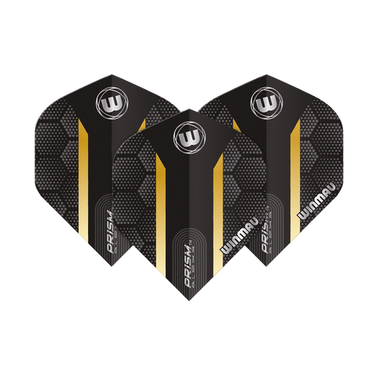 6915-185_Winmau_Prism_Alpha_Gold_Standard_Flights_1l7Zc5wEcStypV Das Bild zeigt die Winmau Prism Alpha Gold Standard Flights für Dartpfeile. Die Flights sind schwarz mit einem goldenen Streifen und geometrischem Muster gestaltet.