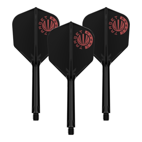 Target Japan K-Flex Original Logo Red Black No6 Flight Shaft System Auf dem Bild sind drei schwarze Dartflights mit integriertem Schaft zu sehen. Oben links auf jedem Flight befindet sich ein rotes Logo mit der Aufschrift "TARGET JAPAN".
