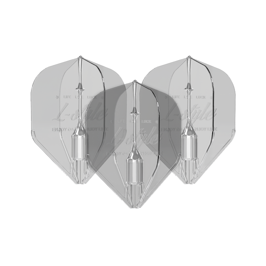 L-Style Fantom L1EZ Flights Clear Das Bild zeigt drei transparente Dartflights des Modells "L-Style Fantom L1EZ Flights Clear". Die Flights sind klar und haben eine klassische Pfeilform.