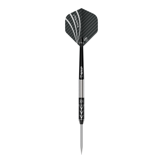 Bulls Challenger Arno Merk steel darts - 22g Das Bild zeigt einen Steeldart namens "Bulls Challenger Arno Merk Steeldarts - 22g". Der Dartpfeil ist schwarz-silber und hat ein modernes Design mit strukturiertem Schaft und schwarzer Flight.