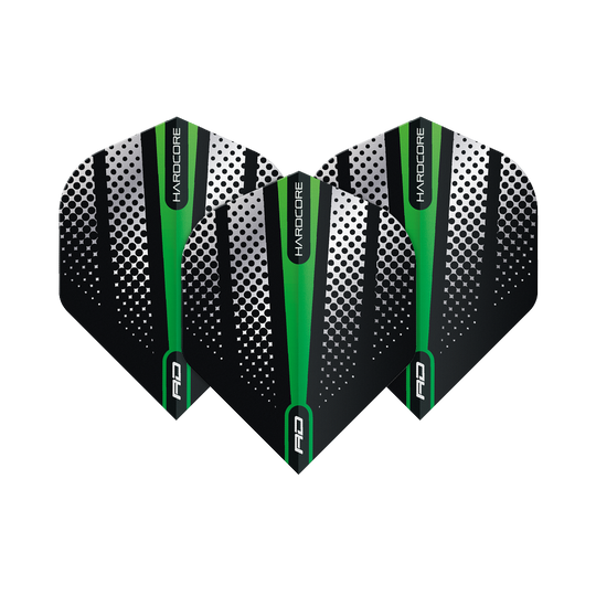 TF6508_Red_Dragon_Hardcore_Radical_Green_Flash_Standard_Flights_1ua77D4ZVYFlUD Das Bild zeigt drei Dart-Flights der Marke "Red Dragon Hardcore Radical Green Flash Standard Flights". Die Flights sind schwarz mit grünen und weißen Designelementen und haben einen modernen, auffälligen Look.