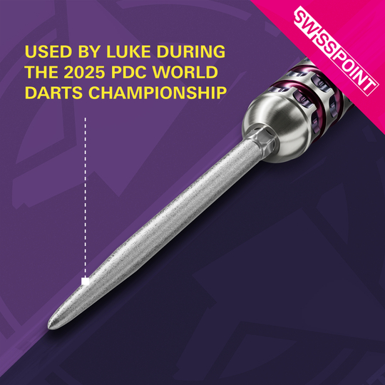 Target Swiss Point SLK dart tips - silver Das Bild zeigt die silberne Dartspitze „Target Swiss Point SLK“. Sie wurde laut Aufschrift von Luke während der PDC Darts Weltmeisterschaft 2025 verwendet.