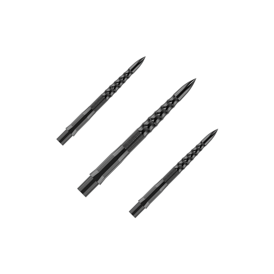 Mission Caliburn EVO Dart Tips - Ripple - Black Auf dem Bild sind drei schwarze Steeldartspitzen mit einem geriffelten Muster zu sehen. Sie sind als Set angeordnet und haben eine Länge von 26 mm.