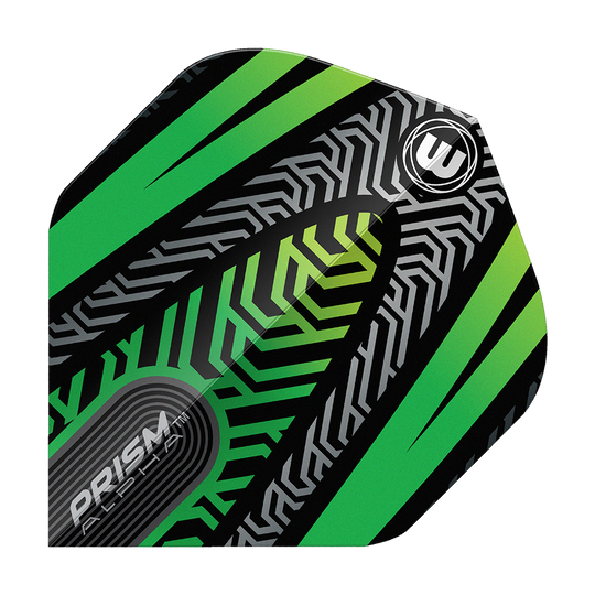Winmau Prism Alpha Black Green No. 2 Standard Flights Das Bild zeigt ein Winmau Prism Alpha Schwarz Grün No2 Standard Flight. Das Design ist schwarz mit grünen und silbernen Mustern sowie dem Winmau-Logo.