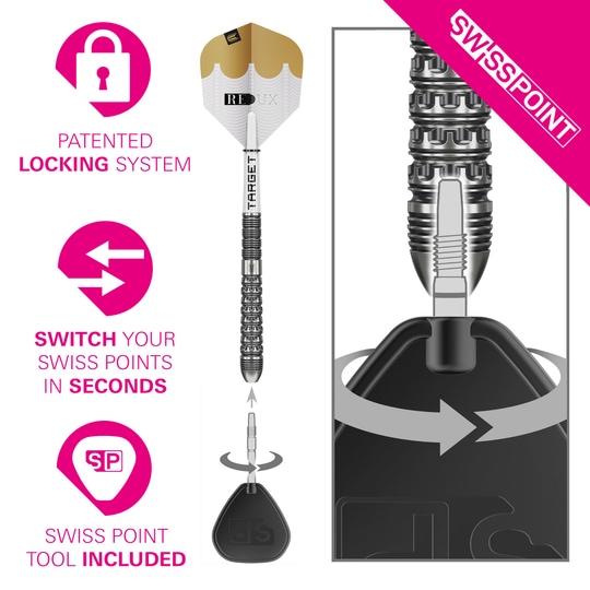 Target Redux 03 Swiss Point steel darts Zu sehen sind die Target Redux 03 Swiss Point Steeldarts. Die Darts sind für Turnierspieler ausgelegt.