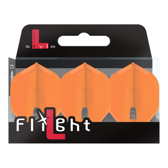 L-Style Flights Champagne - L1PRO Standard Auf dem Bild ist eine Packung mit drei orangefarbenen Dart-Flights zu sehen. Die Verpackung trägt die Aufschrift „L-Style Flight“.