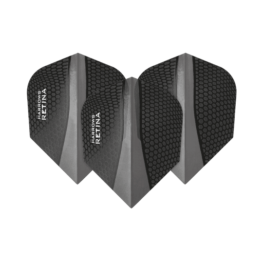 HR67_Harrows_Retina_Schwarz_No2_Standard_Flights_1zktKmRpfkumOw Das Bild zeigt drei schwarze Dart-Flights des Modells "Harrows Retina No6". Sie haben eine strukturierte Oberfläche mit einem modernen Design und weißer Aufschrift.