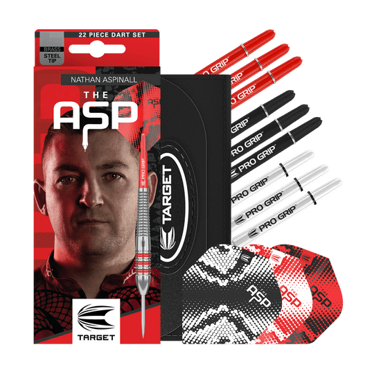 Target Nathan Aspinall Brass Steel Darts - 22g Zu sehen sind die Target Nathan Aspinall Brass Steeldarts mit 22 Gramm Gewicht. Diese Darts sind ideal für präzises Steeldart-Spiel.