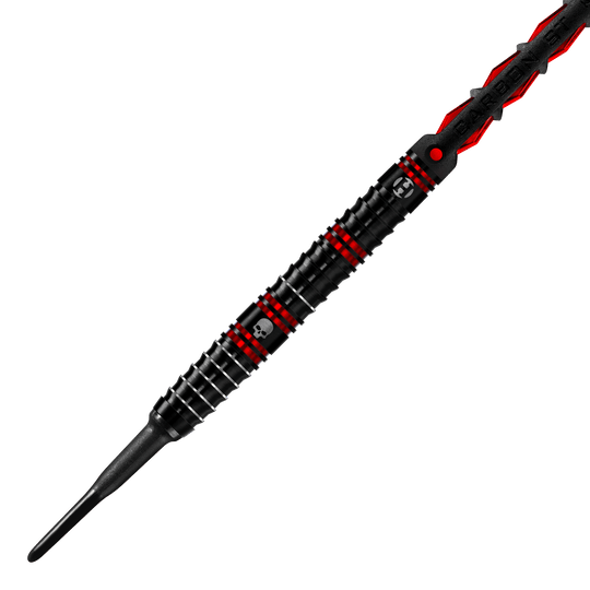 Harrow's Ryan Searle Heavy Metal Soft Darts Der Harrows Ryan Searle Heavy Metal Softdart ist in Schwarz mit roten Akzenten gestaltet. Auf dem Dart befindet sich ein kleines Totenkopf-Symbol.