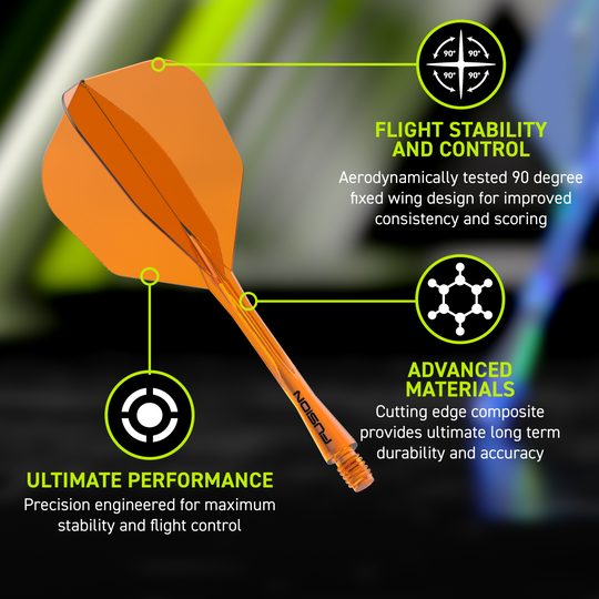 Abgebildet ist das Winmau Fusion Flight-Shaft-System No6 Neon Orange. Dieses Dartzubehör verbindet Flight und Shaft in einem Teil.