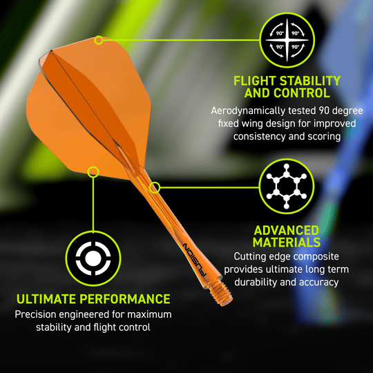 Winmau Fusion Flight Shaft System No6 Neon Orange Abgebildet ist das Winmau Fusion Flight-Shaft-System No6 Neon Orange. Dieses Dartzubehör verbindet Flight und Shaft in einem Teil.