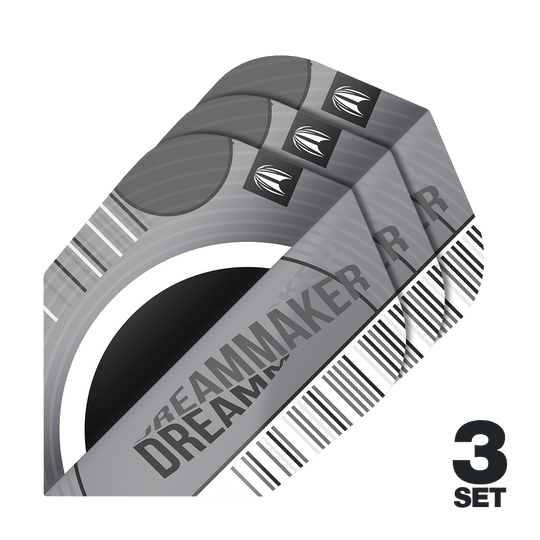 Target Pro Ultra Dimitri Van Den Bergh X Echo No6 Flights - 3 Sets Das Bild zeigt drei Sätze Target Pro Ultra Dimitri Van Den Bergh X Echo No6 Flights. Die Flights sind silber-grau gestaltet und tragen den Schriftzug "DREAMMAKER".