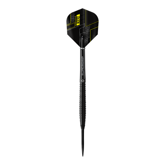 Harrows NX90 Black Edition steel darts Das Bild zeigt einen Harrows NX90 Black-Edition Steeldart. Der Dart ist komplett in Schwarz gehalten und hat gelbe Akzente am Flight.