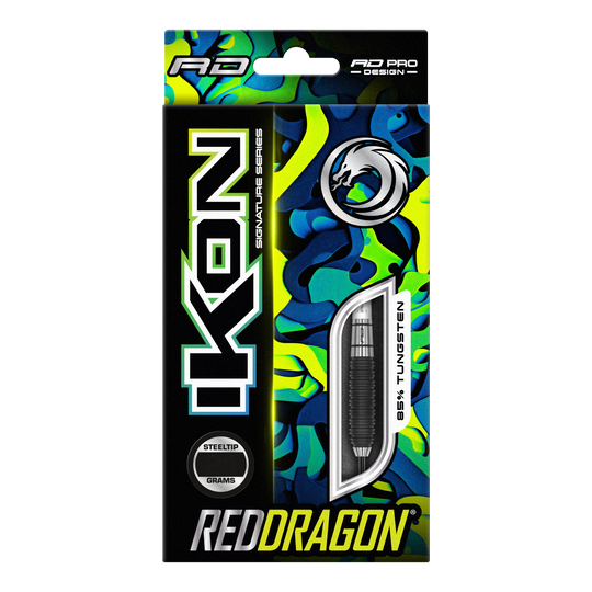 Auf dem Bild ist die Verpackung der "Red Dragon Ikon 3 Steeldarts" zu sehen. Die Packung ist bunt gestaltet und hebt hervor, dass die Darts aus 85% Tungsten bestehen.