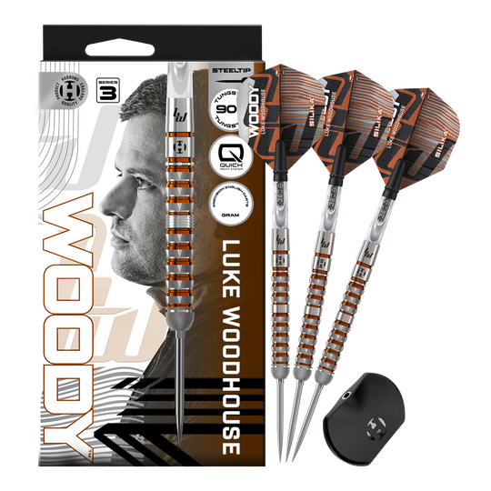 Gezeigt werden die Harrows Luke Woodhouse Series 3 Quick Point Steeldarts. Sie bieten eine hochwertige Verarbeitung und ein modernes Design.