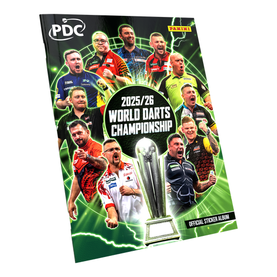 Panini PDC World Darts Championship 2025/26 - Official Sticker Softcover Collector's Album Auf dem Bild ist das Panini PDC World Darts Championship 2025/26 Offizielle Sticker Softcover Sammelalbum abgebildet. Dieses Album dient zum Sammeln und Aufbewahren von Stickern zur Dart-Weltmeisterschaft.