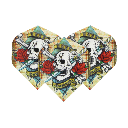 ALC4_Alchemy_Damned_Standard_Flights_1wKRhWTzAGpLOA Das Bild zeigt drei Dart-Flights mit einem Totenkopf, einer roten Rose und einem Dolch als Motiv. Auf jedem Flight steht das Wort „Damned“ auf einem Banner.