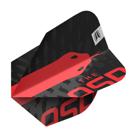 Das Bild zeigt ein Dartflight aus der Serie "Target Pro Ultra Nathan Aspinall No6 Flights". Das Flight ist überwiegend schwarz mit einem roten Schlangendesign und roten Schriftzügen.