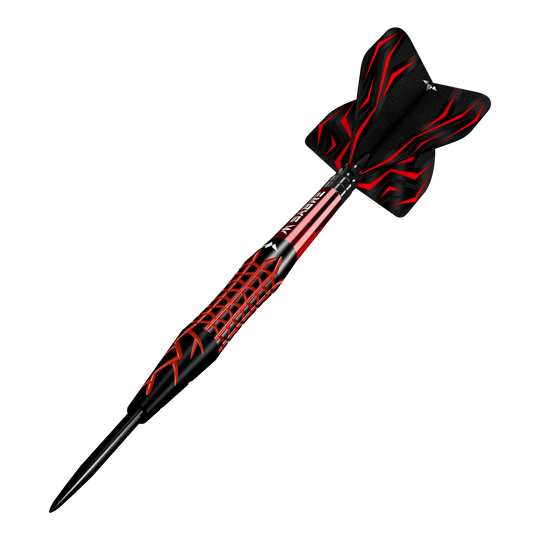 Mission Lava Steeldarts Das Bild zeigt einen Mission Lava Steeldart mit schwarzem und rotem Design. Der Dartpfeil hat eine spitze Metallspitze und auffällige Flügel mit roten Mustern.