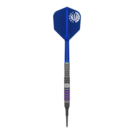 Target Japan Prime Series Sirius GEN4 Soft Darts - 21.5g Auf dem Bild ist ein Softdart aus der Serie "Target Japan Prime Series Sirius GEN4" mit einem Gewicht von 21,5g zu sehen. Der Dart hat eine blaue Flight und einen schwarz-silbernen Schaft mit lila Akzenten.