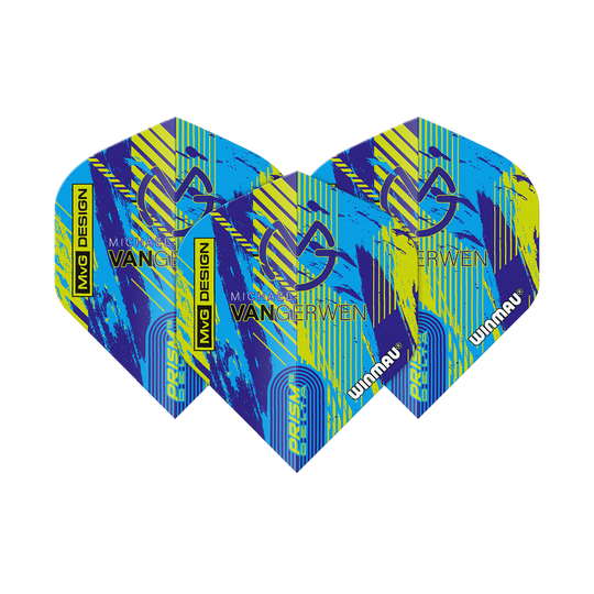 Winmau Delta Michael Van Gerwen Prism 04 Standard Flights Das Bild zeigt die Winmau Delta Michael Van Gerwen Prism 04 Standard Flights. Sie haben ein farbenfrohes Design in Blau, Gelb und Schwarz mit dem Namen und Logo von Michael Van Gerwen.