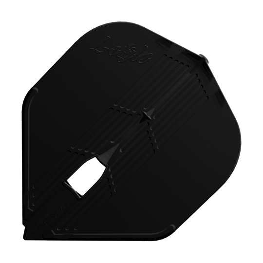 L-Style KAMI L1PRO Flights Das Bild zeigt ein schwarzes Dartflight mit strukturierter Oberfläche und der Aufschrift "L-Style". In der Mitte befindet sich eine kleine rechteckige Öffnung.