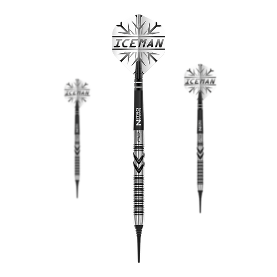 Red Dragon Gerwyn Price Thunderbolt Soft Darts - 20g Das Bild zeigt drei Softdarts des Modells "Red Dragon Gerwyn Price Thunderbolt - 20g". Auf den Flights steht "ICEMAN" und die Darts haben ein schwarz-silbernes Design.