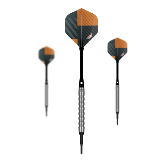 Bulls NL Volt Orange Soft Darts - 18g Zu sehen ist ein Set Bulls NL Volt Orange Softdarts - 18g. Mehrere Pfeile werden gemeinsam präsentiert.