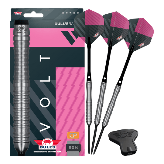 Bulls NL Volt Pink Convertible Point Steel Darts Das Produkt zeigt Bulls NL Volt Pink Convertible Point Steeldarts. Eine Komplettansicht des Sets ist zu erkennen.