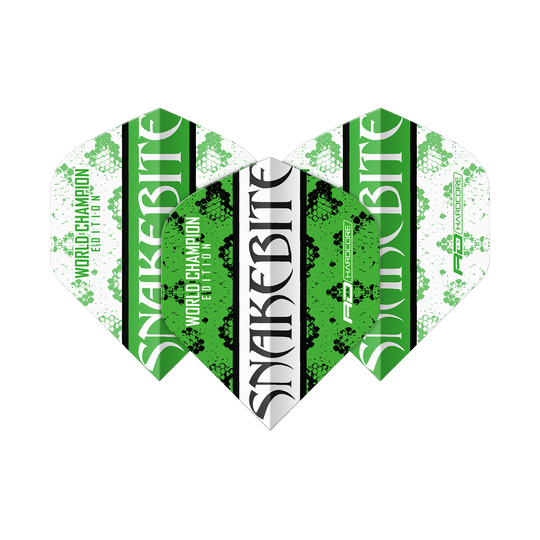 Das Bild zeigt drei Dart-Flights in den Farben Grün, Weiß und Schwarz mit der Aufschrift "Snakebite". Auf den Flights steht außerdem "World Champion Edition" und das Red Dragon Logo.
