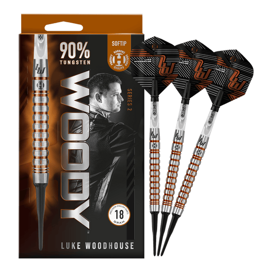 Harrow's Luke Woodhouse Series 2 Soft Darts - 18g Das Bild zeigt die Harrows Luke Woodhouse Series 2 Softdarts mit einem Gewicht von 18 Gramm. Die Verpackung hebt hervor, dass die Darts zu 90 % aus Tungsten bestehen und für Softtip-Spiele geeignet sind.