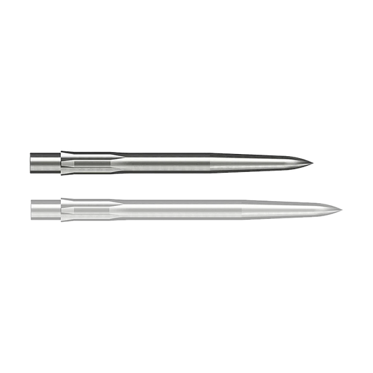 Caliburn System Steel Dart Tips - Smooth - Silver Auf dem Bild sind zwei silberne, glatte Stahlspitzen für Darts zu sehen. Sie sind länglich geformt und haben eine spitze Vorderseite.