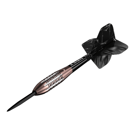 Das Foto präsentiert die Mission Arkitekt Bronze Silika PVD Steeldarts, Gewicht 23,5g. Das Produktdesign hebt die bronzefarbene Beschichtung hervor.