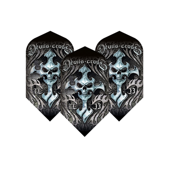 ALC9_Alchemy_Devils_Cross_Slim_Flights_1dirDsV07NRyda Das Bild zeigt drei Dart-Flights mit dem Namen "Alchemy Devils Cross Slim Flights". Das Design zeigt einen Totenkopf mit einem Kreuz und dunklen, ornamentalen Mustern.